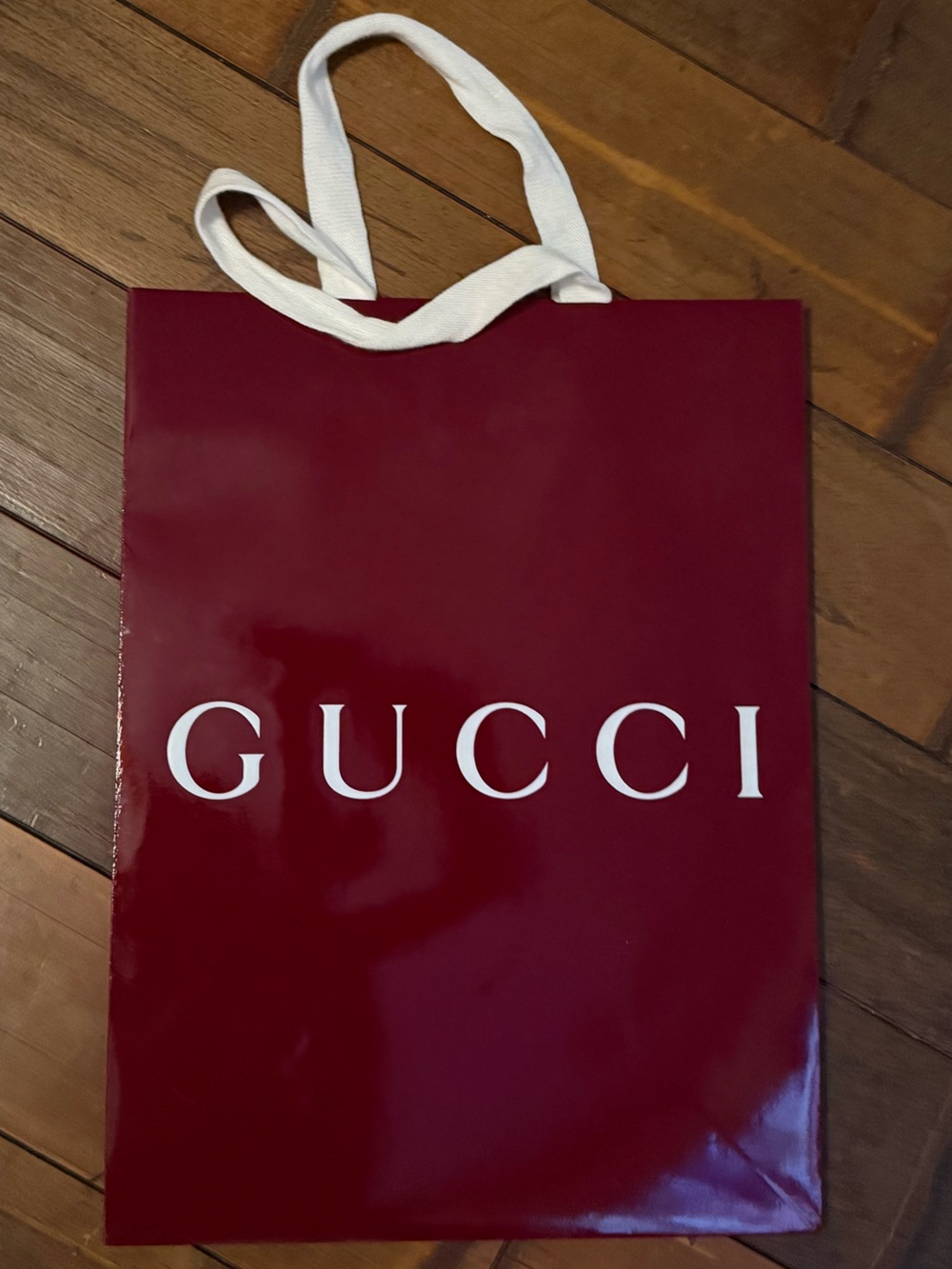 Gucci Burgundy Glossy Shopping Bag with White Ribbon Handles
